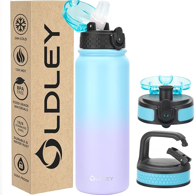 Oldley Insulated Water Bottle 20oz Water Bottles with Straw, Stainless Steel Water Bottle with 3 Lids, Double Wall Vacuum Bottels for Adults School Kids,Leak-Proof Sport Bottles, Ombre Blue-purple
