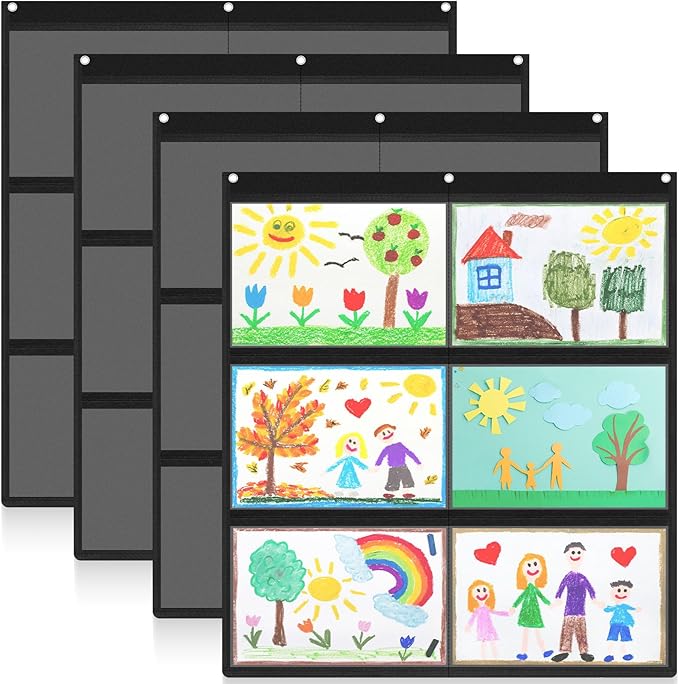 MotiMind 4 Pcs 6 Pockets Black Classroom Chart with Large Pockets 28.3 x 24.4 in, A4 Classroom Schedule Pocket Chart for Cards, Drawing, Pictures, Homework, Teacher Office Activities