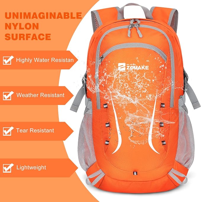 ZOMAKE Lightweight Packable Backpack 35L, Foldable Backpacks Water Resistant Collapsible Light Daypack for Hiking(Orange) | Light Hiking Backpacks Water Resistant Collapsible Day Pack for Travel, Everyday Carry, Multi-Pocket Layout, Heavy Duty Nylon
