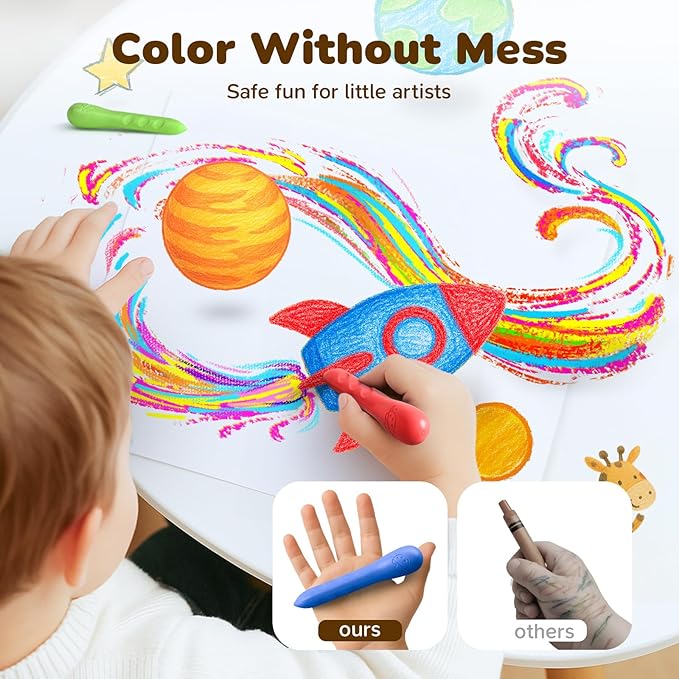 JUPITEARTH 12 Colors Crayons for Kids Ages 4-8 with Coloring Book & Bonus Stickers, Non-Toxic & Washable Triangle Crayons for Toddlers 1-3, Fat Brain Toys for Art Supplies and Ideal for Kids