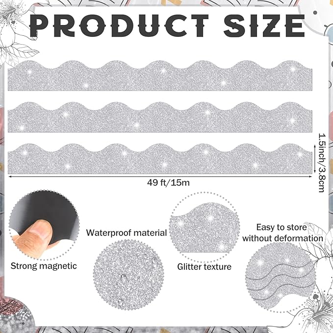 Fuyoooo 49 ft Glitter Magnetic Borders for Classroom, Silver Bulletin Board Borders Magnetic Whiteboard Classroom Strips Reusable Rolled Wall Trim for School Teacher Offices Chalkboard