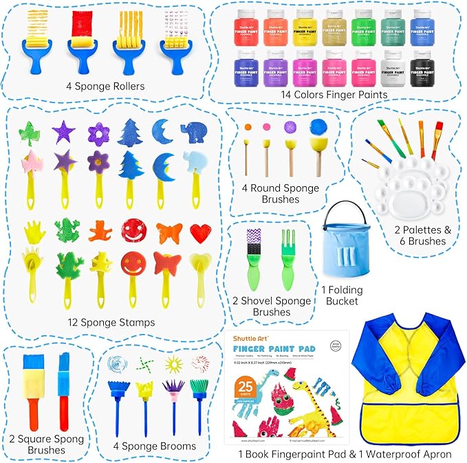 Shuttle Art Washable Finger Paint Set, 53 PCS with 14 Colors (2 fl oz), Paint Brushes, Sponge, Palette, Non-Toxic Finger Painting for Toddlers