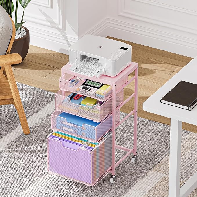 Sbanmao 4 Drawer Rolling File Cart Under Desk Storage, File Cabinets for Home Office, Mobile Filing Cabinet, Hanging File Organizer with Wheels, Utility Cart Printer Stand, Pink