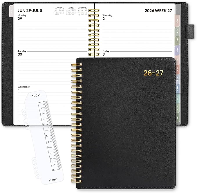 SUNEE 2026-2027 Weekly & Monthly Planner 6.4"x8.5" - 12 Month (July 2026 - June 2027), Vegan Leather Cover Planner Academic Year Calendar, Pocket, Notes, Monthly Tab, Black