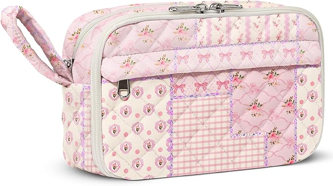 WOBAGMEN Quilted Pencil Pouch for Girls Women, Large Pencil Case Pouch with Compartments Cute Aesthetic Pencil Case Organizer, Floral Pencil Bag for School Supplies (pink pin)