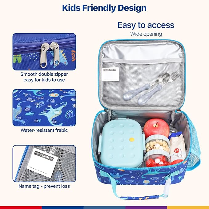 Bagseri Kids Lunch Bag Boys - Thermal Insulated Lunch Box Tote with Water Bottle Holder, Reusable Leak-Proof Kids Lunch Box for Daycare & School, Blue Dinosaur (Containers Not Included)