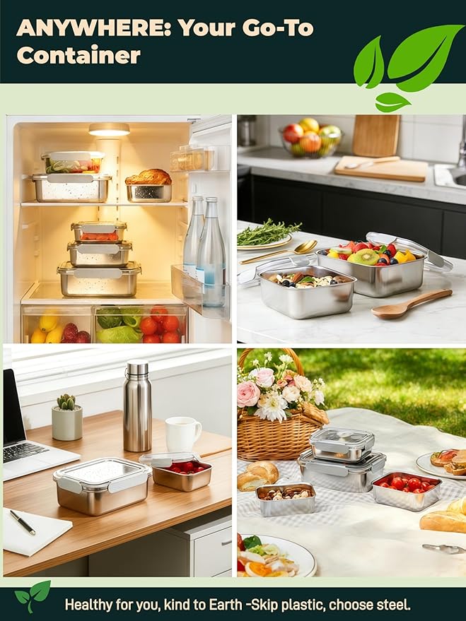 Stainless Steel Food Storage Containers with Leak-Proof Latching Lid, Reusable Bento Lunch Box for Snacks & Meal Prep, Oven/Dishwasher/Freezer Safe, Silver, 22oz