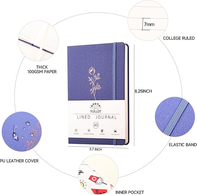 Lined Journal Notebook –A5 PU Leather Hardcover Notebook, 100gsm Thick Bleedproof Paper with Inner Pocket – 192Pages Lined Writing Journal for Students Women Note Taking - Lavender Blue