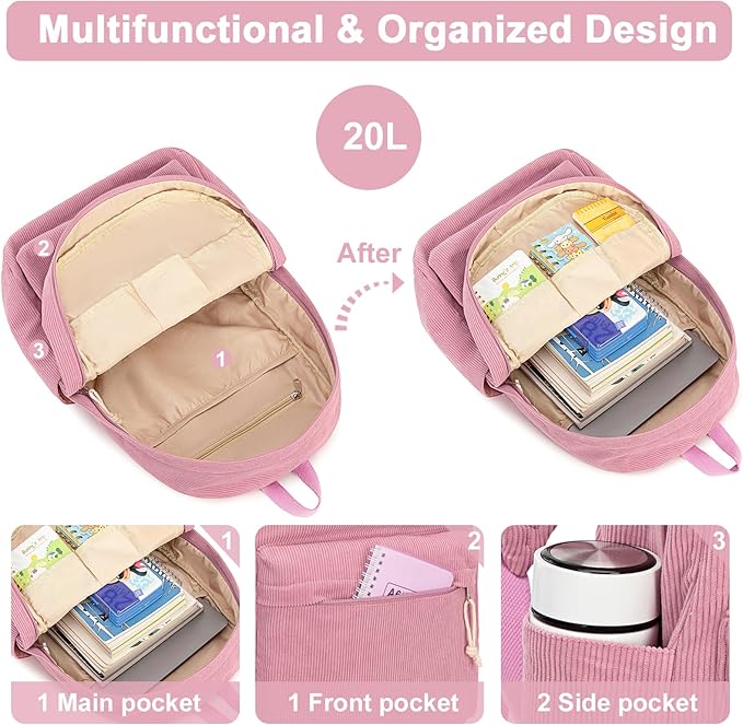 BTOOP School Backpack for Teens Large Corduroy Bookbag Lightweight 15.6 inch Laptop Bag for Girls Women Casual High School College