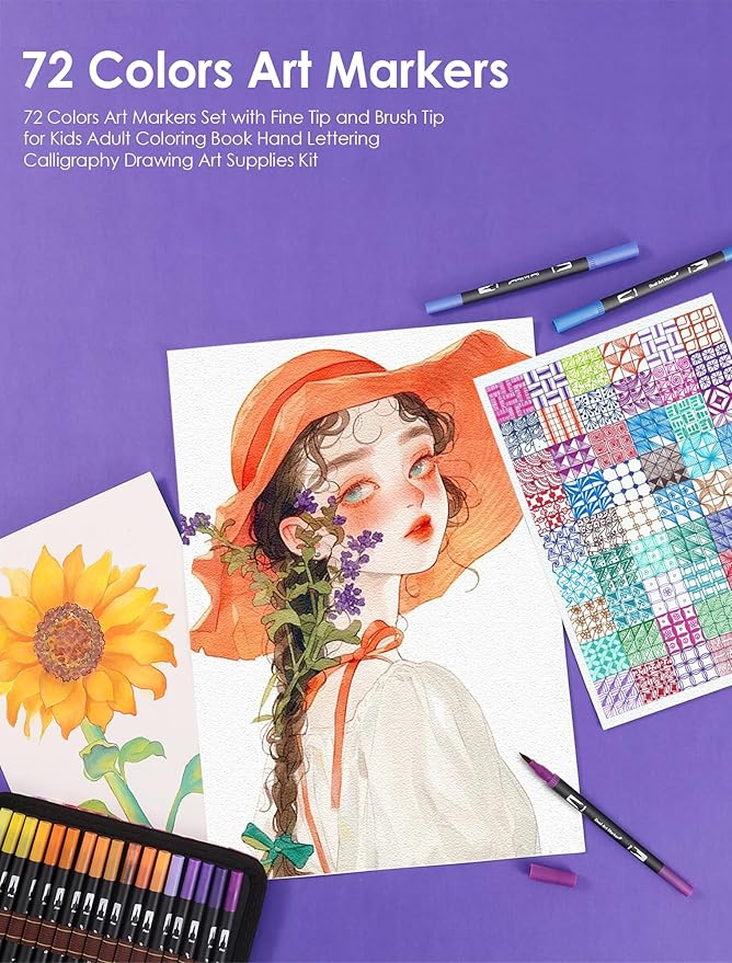 TOSHARE Art Markers Pens Dual Tip Coloring Markers Set with Brush & Fine Nib for Adult Coloring Book Brush Pens Professional Calligraphy & Drawing Art Supplies Kit for Adults (72 Colors)
