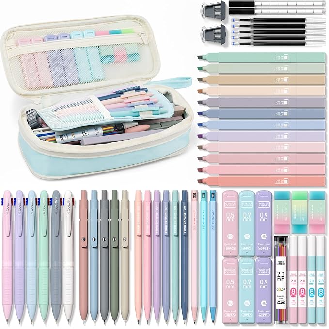 Four Candies 56PCS School Supplies with Pencil Case, Stationery Set, Blue | 6 Multicolor Pens, 12 Pastel Highlighters, 5 Gel Pens, 9 Mechanical Pencils, Back to School, College Essentials for Students