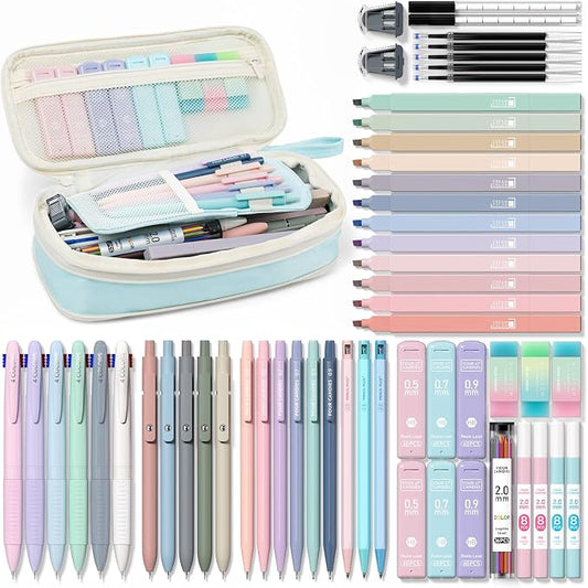 Four Candies 56PCS School Supplies with Pencil Case, Stationery Set, Blue | 6 Multicolor Pens, 12 Pastel Highlighters, 5 Gel Pens, 9 Mechanical Pencils, Back to School, College Essentials for Students