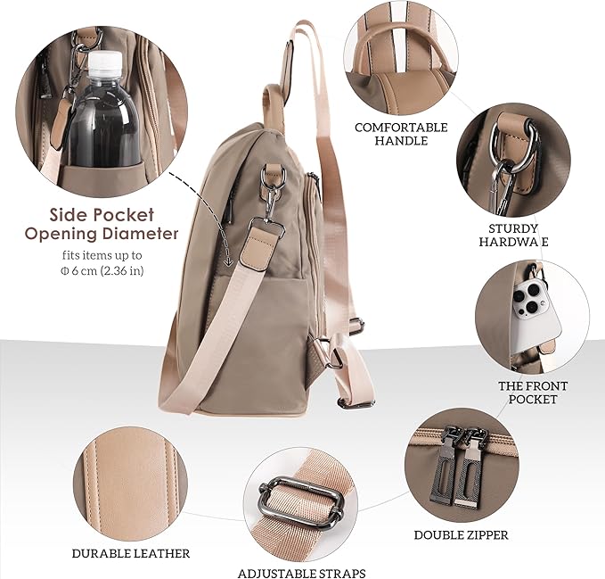PINCNEL Women Khaki Medium Backpack Purse Waterproof Nylon Anti-theft Rucksack Lightweight Shoulder Bag
