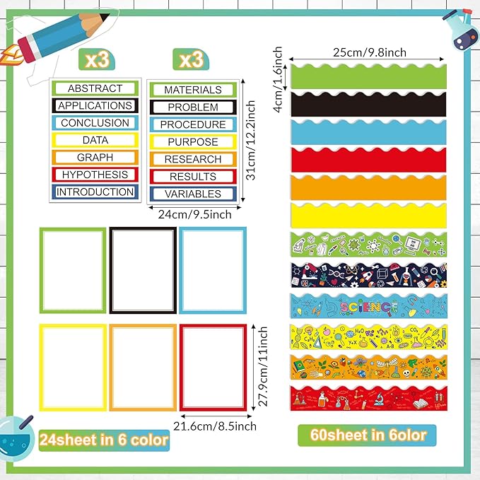 Fuyoooo 90 Pcs Science Fair Board Supplies 60 Trim Scalloped Bulletin Borders 24 Presentation Board Subtitles 6 Science Fair Titles for Classroom Display Boards (Colorful, Scientific Lab)