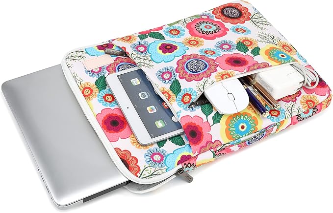 360° Protective 3 Pockets Laptop Sleeve Case Bag with Handle for MacBook Air 15 inch,MacBook Pro 16 inch and 15.6 inch Screen Laptop (Flowers)