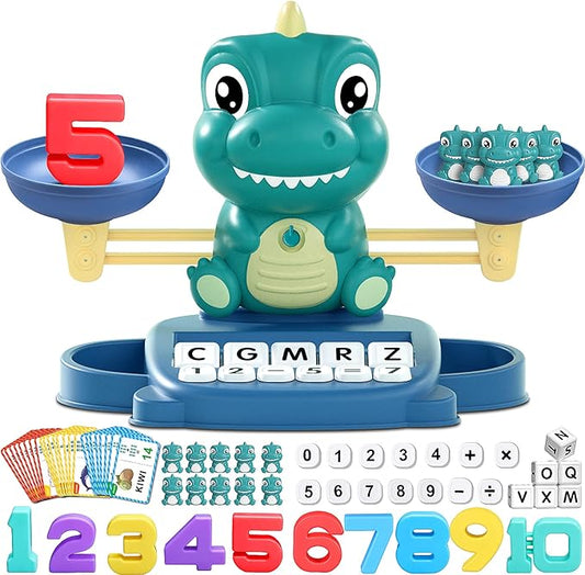 Kaodezhu Dinosaur Math Balance Toy for Boys and Girls - Montessori Matching Letter Toy for Kids 3 Year Olds, Educational Kindergarten Preschool Early Learning, Birthday Gift for 4 5 6 7 Years Old