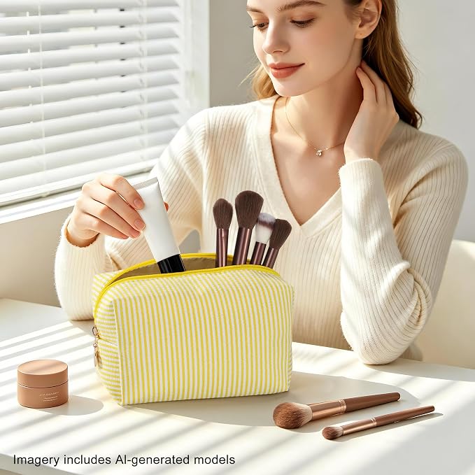 Makeup Bag Set for Women, 6PCS Travel Cosmetic Bags Pencil Case, Striped Seersucker Toiletry Organizer Pouches, Cute Makeup Pouch for Purse, Accessories and Gifts, Yellow