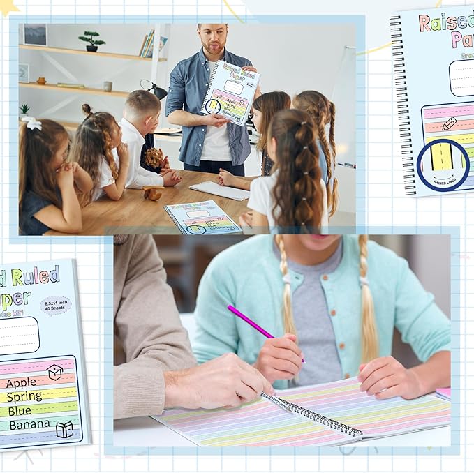 Colored Raised Line Handwriting Paper 8.5x11 Inch Wide Ruled Writing Paper Spiral Bound with ADHD 0.63 In Spacing Multi Sensory Dysgraphia Pad Handwriting Practice Workbook for Kids Kindergarten
