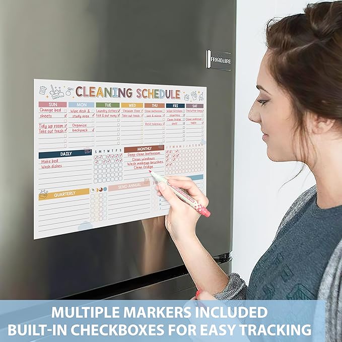 Magnetic Cleaning Schedule and Checklist Dry Erase Board - Reusable Cleaning Schedule for Home, Kitchen & Bathroom | Weekly & Monthly Chore Chart for Adults, Strong Magnet, Easy Erase