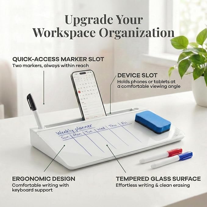 Birch Small Desktop Glass Whiteboard & Magnetic Calendar – Dry Erase Desk Pad Keyboard Stand with Storage, Adjustable Dividers, 3 Markers & Eraser – Office, Home & School (Cloud)