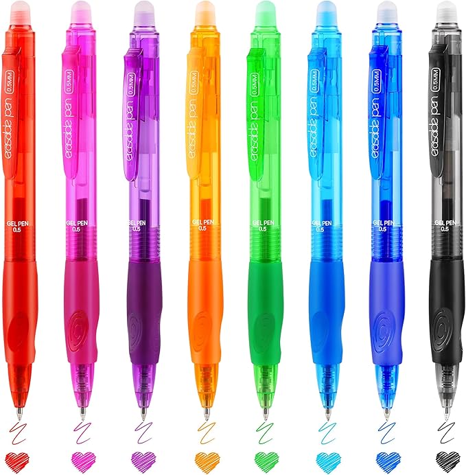 USUAL 0.5mm 8 Color Erasable Gel Pens, Make Mistakes Disappear, Fine Point Retractable Erasable Gel Pens for Writing, Drawing, Office, Planner, School Supplies