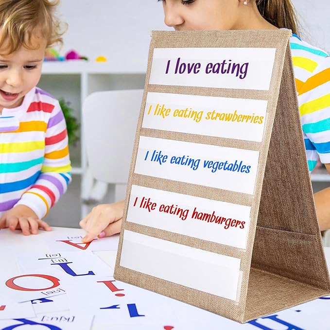 Motipuns 2 Pack Burlap Pocket Chart for Classroom, 17 x 13 Inches Farmhouse Desktop Pocket Chart Double Sided Tabletop Stand Decor for Teacher Homeschoolers Aids in Teaching