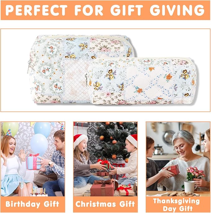 URSKYTOUS 2Pcs Cotton Quilted Makeup Bag for Women Girls Coquette Small Floral Cosmetic Bags Cute Zipper Pencil Pouch Aesthetic Makeup Pouch Trendy Cloth Bee&Flower Travel Toiletry Skincare Bag