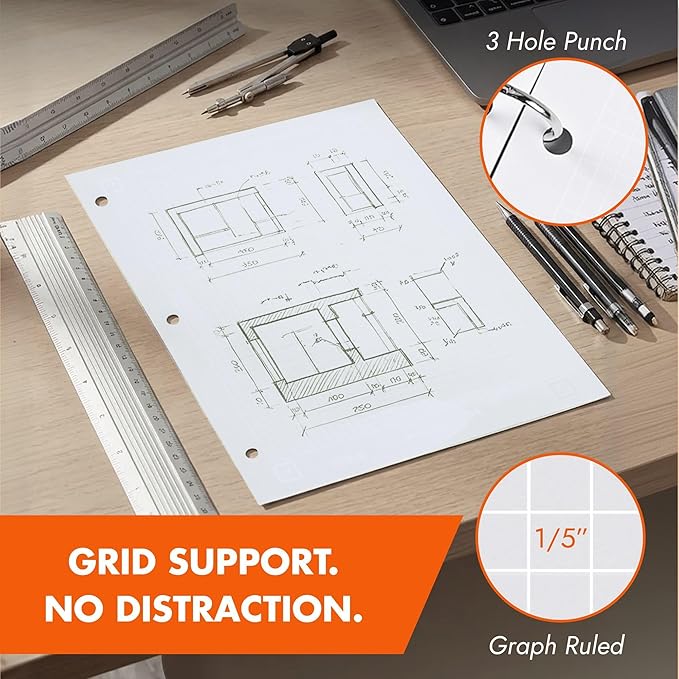 Whitelines Engineering Graph Ruled Pads, Premium 20# Gray Paper, 11" x 8.5" 80 Sheets, 3 Hole Punched, Make Your Notes Stand Out & Links Them To The Digital World, Proudly Made in USA (Pack of 24)