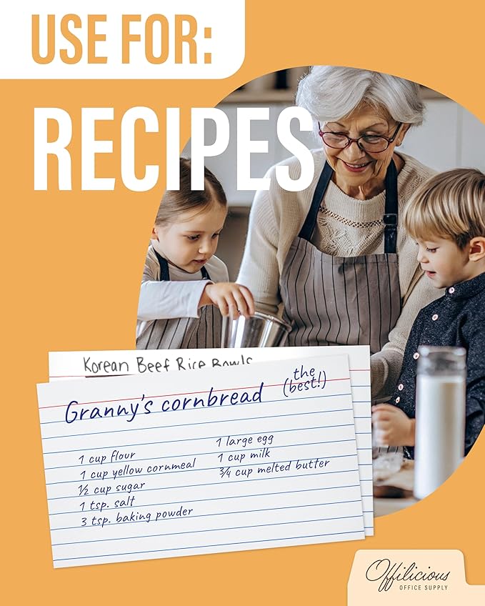 OFFILICIOUS Ruled Index Cards 3x5 — Durable Blank Cards Bulk for Writing Recipes, Notes & Flash Cards for Studying — 100 No Bleed-Through White Double-Sided Notecards 3x5 Lined & Blank