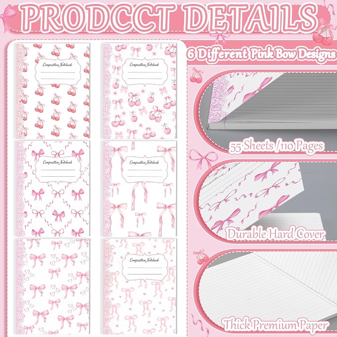 Fullhawl 6 Pack Composition Notebook College Ruled Bulk Light Pink Bow Composition Notebook Preppy Aesthetic for Back to School Supplies 110 Pages 9-3/4 x 7-1/2" Journal for First Day of School Office