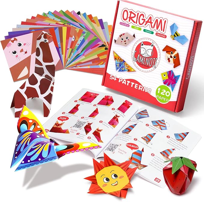 Gamenote Colorful Origami Kit for Kid 54 Projects 120 Double Sided Origami Paper 12 Sheets Practice Papers Instructional Origami Book Origami Gift for 4+ Kids Adult Beginner Training Craft, Daily Life