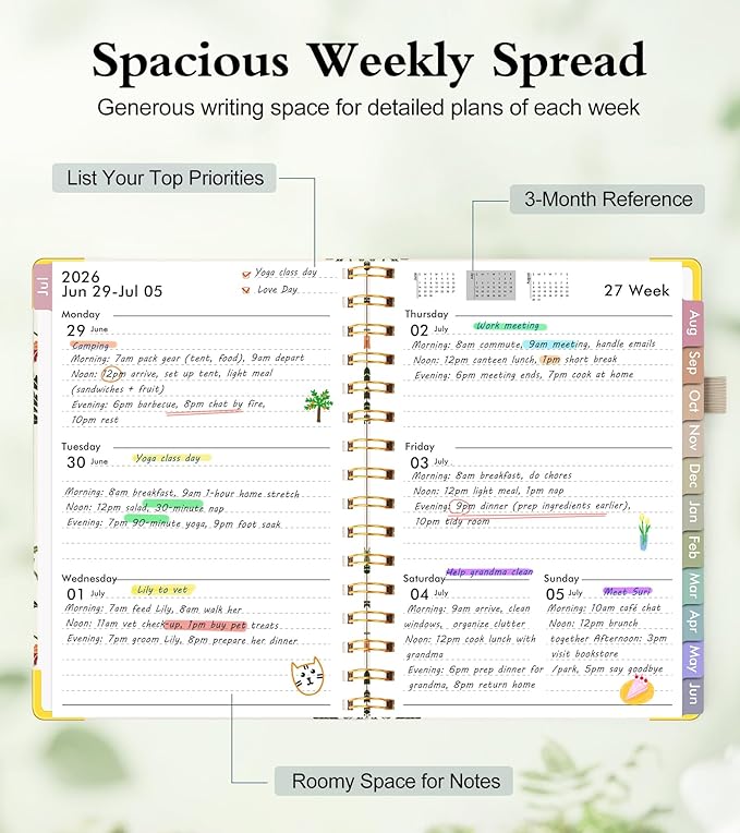 Academic Planner 2026-2027, Hardcover Weekly and Monthly Calendar Planner from July 2026 - June 2027, Daily Agenda Planners with Tabs, College School Organizer for Student Teacher, A5 (6.1" x 8.2"), Beige Bouquet