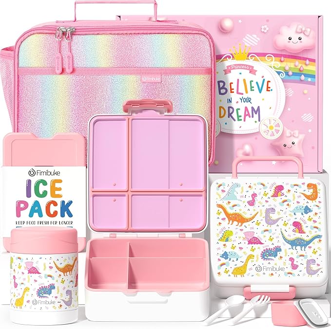 Fimibuke Kids Bento Snack Lunch Box with 4 Compartment, Insulated Lunch Bag, Stainless Steel Vacuum Thermo Food Jar, Ice Pack, Utensils Set, Birthday Gifts for Age 3-12 Back to School Toddler Girl Boy