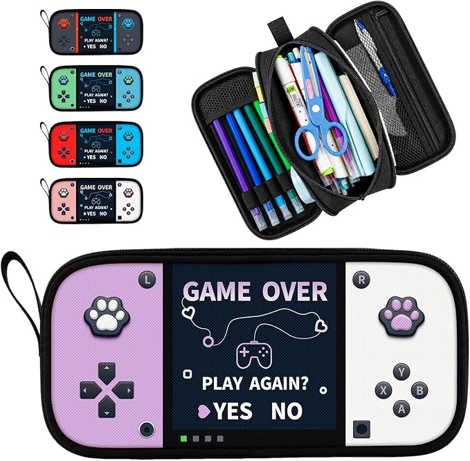 Game Controller Pencil Case for Boys Kids Teens, Large Capacity Pencil Pouch with 3 Compartments, 7 Pockets and Label Pocket for School College Office Travel (Purple & White)