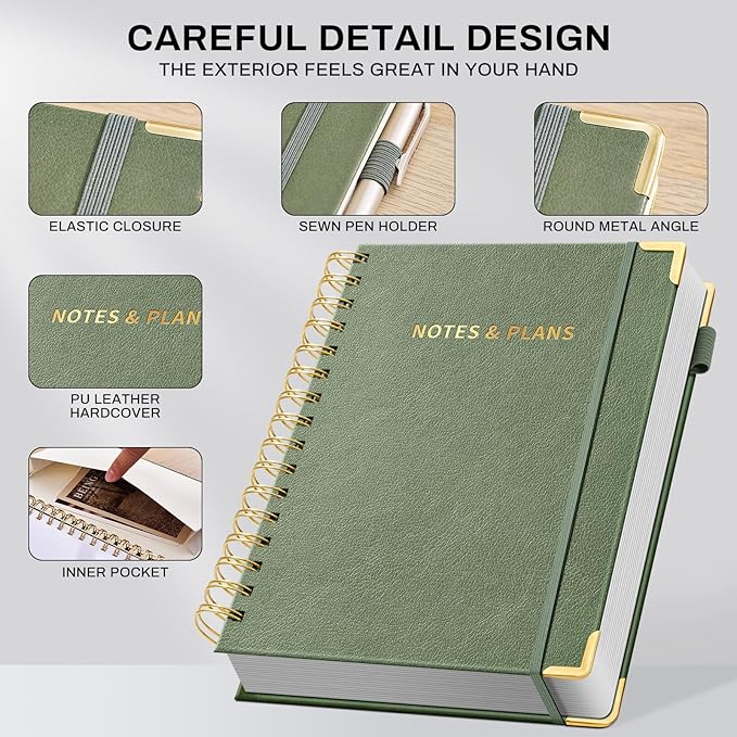 Ovesmusl Undated Daily Planner - 126 Days Hourly Schedule & To Do List - A5 PU Leather Hardcover Spiral Notebook planner with stickers, Metal Corner Protectors & Back Pocket for Work & School, Green