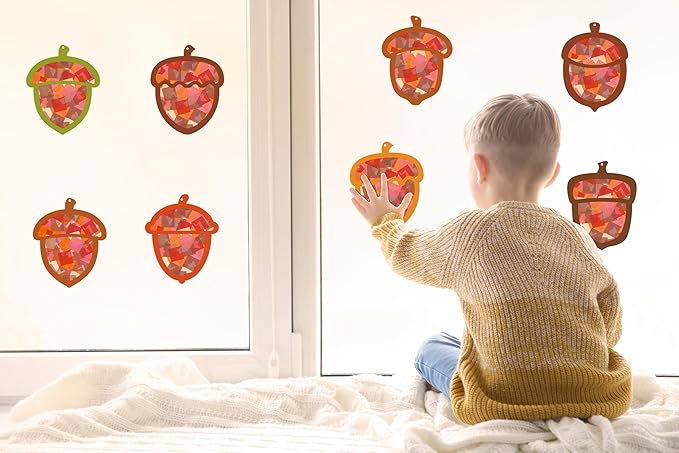 Renbuzhu 40PCS Fall Crafts Bulk: Acorn Paper Suncatchers DIY Kit for Autumn Thanksgiving Activities Decorations, Window Stained Glass Effect Art Supplies