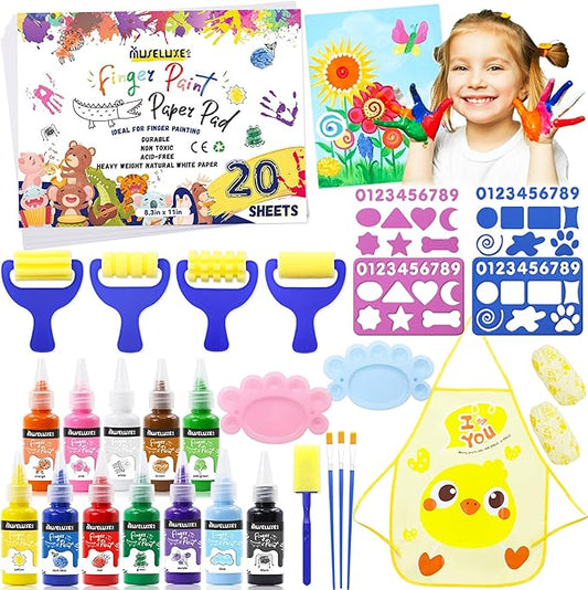 45PCS Kids Washable Finger Paint Kit,12 Colors Non Toxic Finger Paints,Art Painting Supplies for Toddlers - Paper,Brushes,Sponges,Children Drawing Gifts for Kids Boys Girls