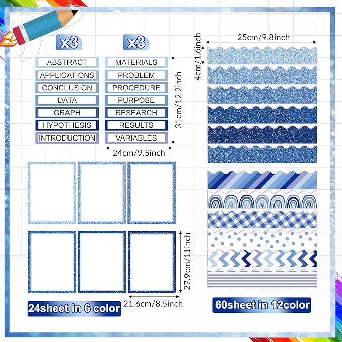 Fuyoooo 90 Pcs Science Fair Board Supplies 60 Trim Scalloped Bulletin Borders 24 Presentation Board Subtitles 6 Science Fair Titles for Classroom Display Boards(Glitter,Blue)
