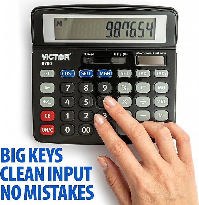 Victor 9700 12-Digit Standard Function Business Calculator, Battery and Solar Hybrid Powered Tilt LCD Display, Great for Home and Office Use, Black