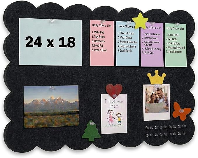 Scalloped Bulletin Board, 24x18 Scalloped Felt Bulletin Board, 2' x 1.5' Foldable Picture Display with 20 Pins & 5 Cute Decors - Black