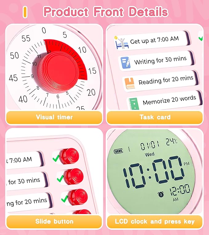 3-in-1 Visual Timer Task Timer with Chore Chart Board, ADHD Tool for Kids Adults Visual Schedule for Kids with Autism, Daily Checklist for Home, School, Classroom, Desk, Chore Chart