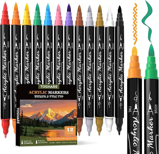 12 Colors Precision Dual Tip Acrylic Paint Markers Pens - Brush & Fine
