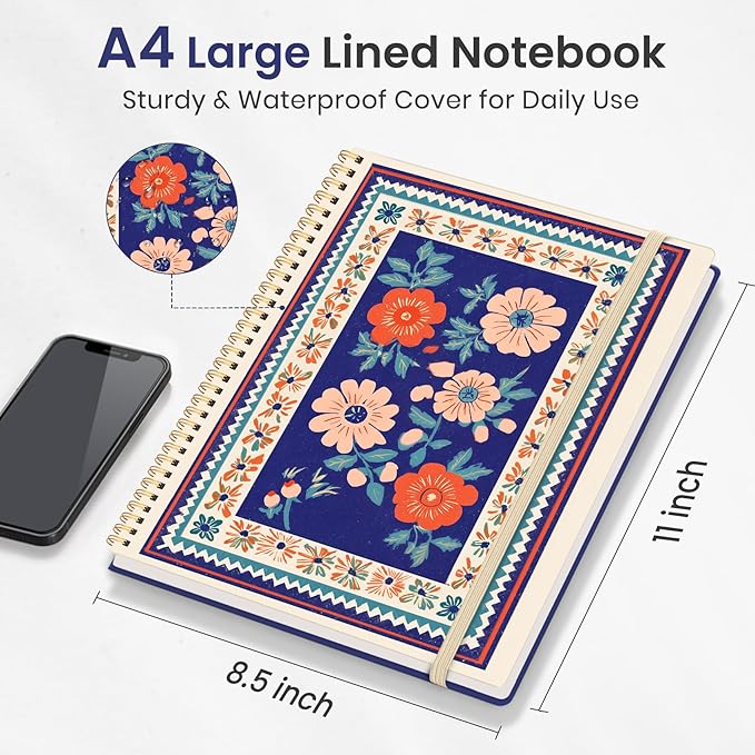 Taja Large Spiral Lined Journal for Women, 8.5" x 11" Notebooks for Work Collge Ruled, A4 Aesthetic Cute Journaling Notebooks for Writing, Plastic Cover, Folk Bloom
