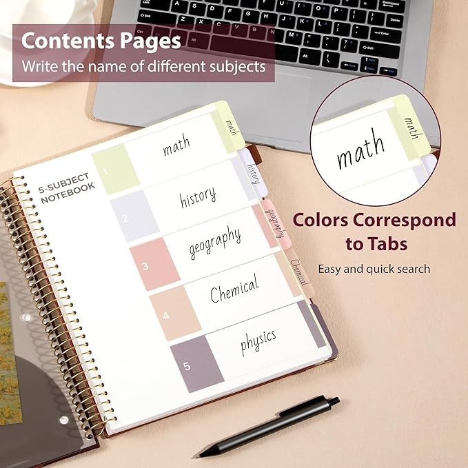 Yoment Hardcover Spiral Notebook 8.5" x 11" Leather 5 Subject Notebook College Ruled with Dividers Tabs 300 Pages Large Spiral Journal Notebooks for Work School Note-Taking Business, Burgundy