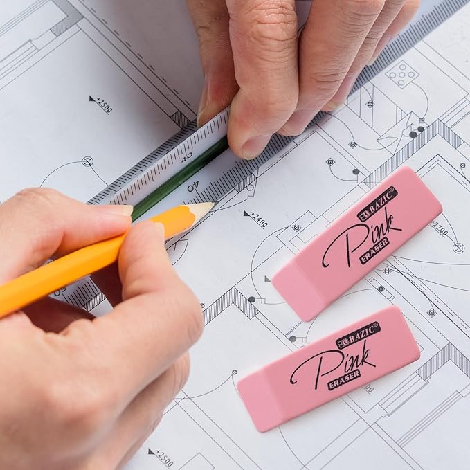 BAZIC Products Pink Eraser, Latex Free Bevel Block Erasers, Large Size for Classroom, Office, and Art Use, Smooth Pencil Correction for Writing, Sketching, & Daily Tasks, Total 24-Count