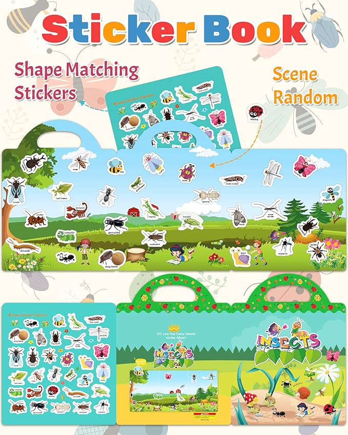 Benresive Reusable Sticker Book for Toddlers, Travel Stickers for Kids, Toddler Crafts Activities Toys, Birthday Gifts for Boys & Girls - Insect