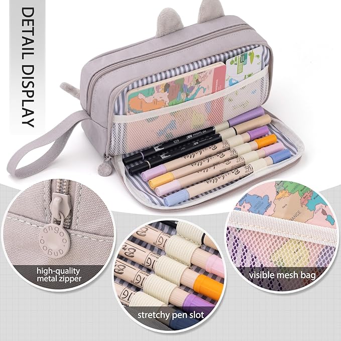 CICIMELON Cartoon Pencil Case, Large Capacity Pen Pouch with Embroidered Animal Design, School Supplies Bag for Kids, Teens, Students (Gray Dog)