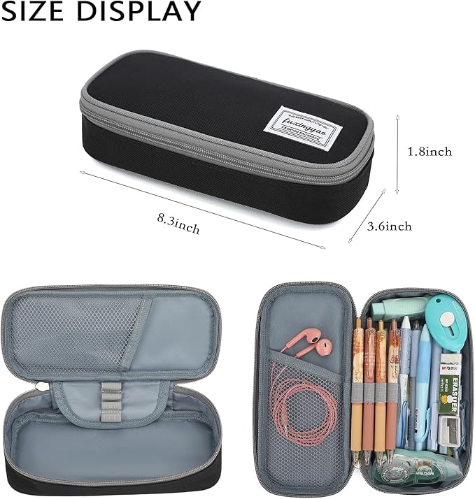 FUXINGYAO Pencil Case, Multi-compartment Pencil Pouch, Portable Pencil Bag (Black with Gray)