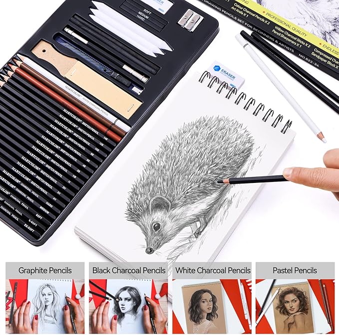 MARTCOLOR Drawing Sketching Pencils Set, 34 Pieces Pro Art Pencil Kit - Graphite Pencils (14B-4H), Charcoal Pencils, Charcoal Sticks, Artist Pencils for Beginners & Pro Artists