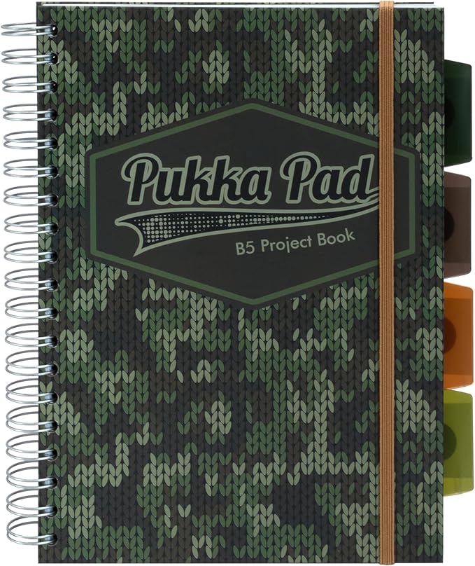 Pukka Pad 5 Subject Spiral Notebook 3-Pack - 200 Pages, 100 Sheets of 80GSM Paper with Repositionable Dividers & Perforated Edges for School & Office Planning & Organization - B5-7 X 10, Camo